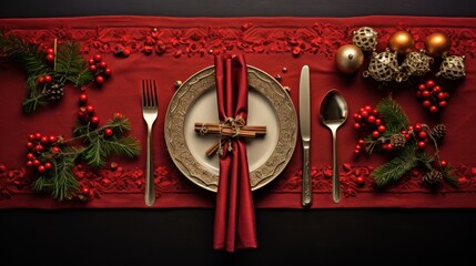  a place setting with a red table cloth, silverware, silverware, silverware, and a red table cloth with a red table cloth with silverware and christmas decorations.