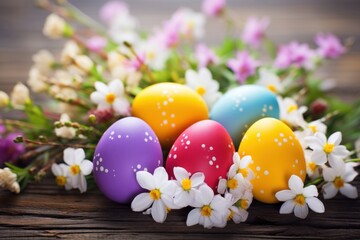 A beautiful background with colorful Easter eggs and blooming spring flowers,