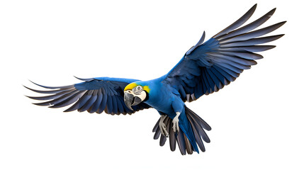 Blue macaw spread open wings flying isolated on white back ground. This has clipping path.