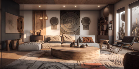 African style interior. Modern living room in luxury house with ethnic decor. - obrazy, fototapety, plakaty