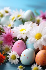 Fototapeta na wymiar A beautiful background with colorful Easter eggs and blooming spring flowers,