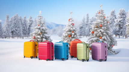 Colorful suitcases in the snow against snowy landscape with christmas tree
