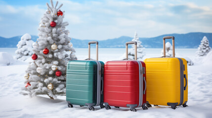 Three colorful suitcases with Christmas tree on background.
