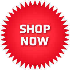 Shop now red label, price sticker, sale sticker, shopping label, tag, discount, special offer, vector