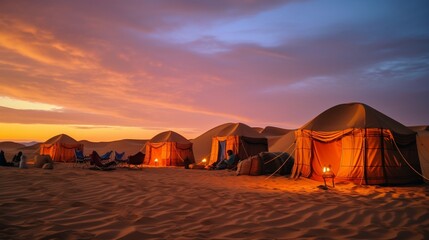 Fototapeta na wymiar A nomadic desert campsite with colorful tents amidst the golden sand dunes.