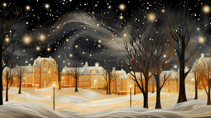 snowy house with trees and starry sky for 3d wallpaper, in the style of dark orange and light gold, elegant cityscapes, poured, romantic riverscapes, light white and gold, contrasting