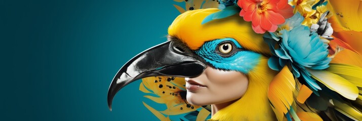 Fashionable bright girl in a toucan mask, high fashion, fashion magazine cover