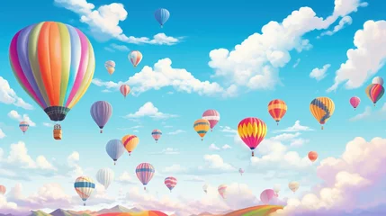 Crédence de cuisine en verre imprimé Montgolfière  a painting of many hot air balloons flying in the sky above a mountain range in a blue sky with white clouds and a blue sky with white fluffy white clouds.