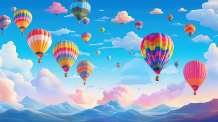 Obraz premium a painting of many hot air balloons flying in the sky above a mountain range in a blue sky with white clouds and a blue sky with a few white clouds.