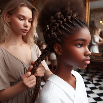 A light-skinned girl does her dark-skinned friend's hair at home