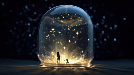  a glass dome with a silhouette of a person and a child under a star filled sky filled with stars, on a table in front of a dark background of stars.