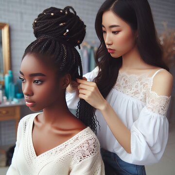 A light-skinned girl does her dark-skinned friend's hair at home