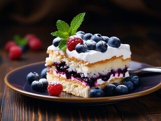 Homemade blueberry cake with whipped cream and fresh berries on wooden background