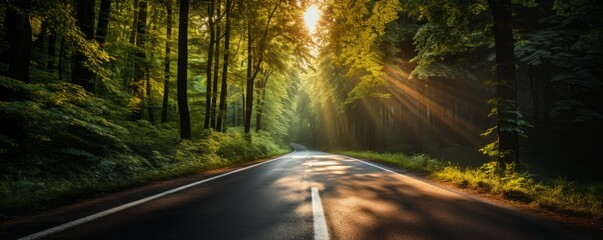 Asphalt road in the green forest with sunbeams and lens flare