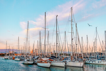 Many yachts against the background of the evening pink sky in Port Vell in Barcelona, Spain. Luxury...