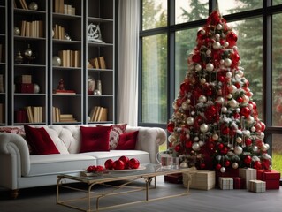 Decorated Christmas tree with red and white balls in the living room