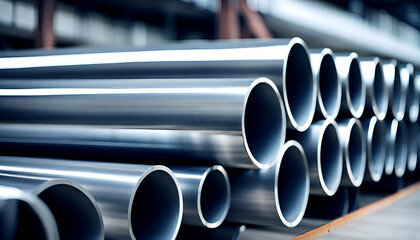 Close-ups of stored industrially manufactured metal steel pipes after production - illustration - obrazy, fototapety, plakaty