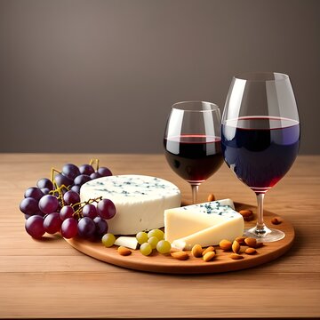 Assorted cheese, grapes, nuts. Cheese platter. Wine in glasses. The image was created using generative AI.