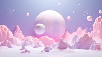 Fototapeta premium a computer generated image of a pink sphere surrounded by mountains and icebergs, with bubbles floating in the air, on a purple background of a blue sky.