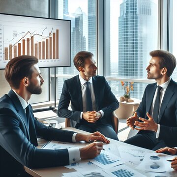 Financiers in classic suits in a bright office discuss the company's development strategy, a presentation with growth charts is shown on the screen