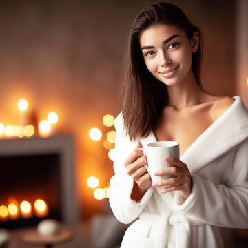 in a white soft home robe, standing with a cup of coffee in her hands, with a nice smile. In the background warm lamp light and cozy home interior with a burning fireplace