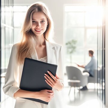 in a white nurse's suit, standing with a black folder in her hands, with a nice smile. In the background light and cozy interior of the office