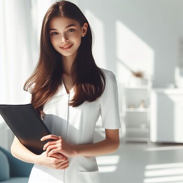 in a white nurse's suit, standing with a black folder in her hands, with a nice smile. In the background light and cozy interior of the office