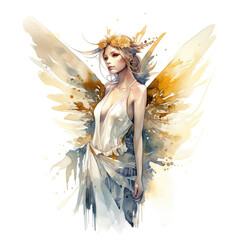 A watercolor painting of a fantasy woman with wings