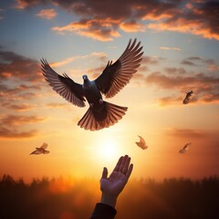 Silhouette pigeon return coming to hands in air vibrant sunlight sunset sunrise background. Freedom making merit concept. National day of peace. - Generative AI