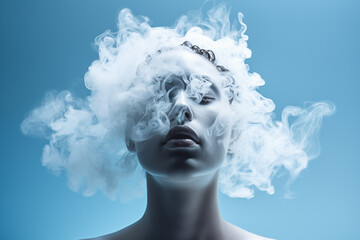 Whispers of Serenity, Enigma Unveiled in Mist, A woman head filled with steam on a Blue background, Smoke, cloud or soft mist. Generative ai