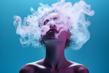 Whispers of Serenity, Enigma Unveiled in Mist, A woman head filled with steam on a Blue background, Smoke, cloud or soft mist. Generative ai