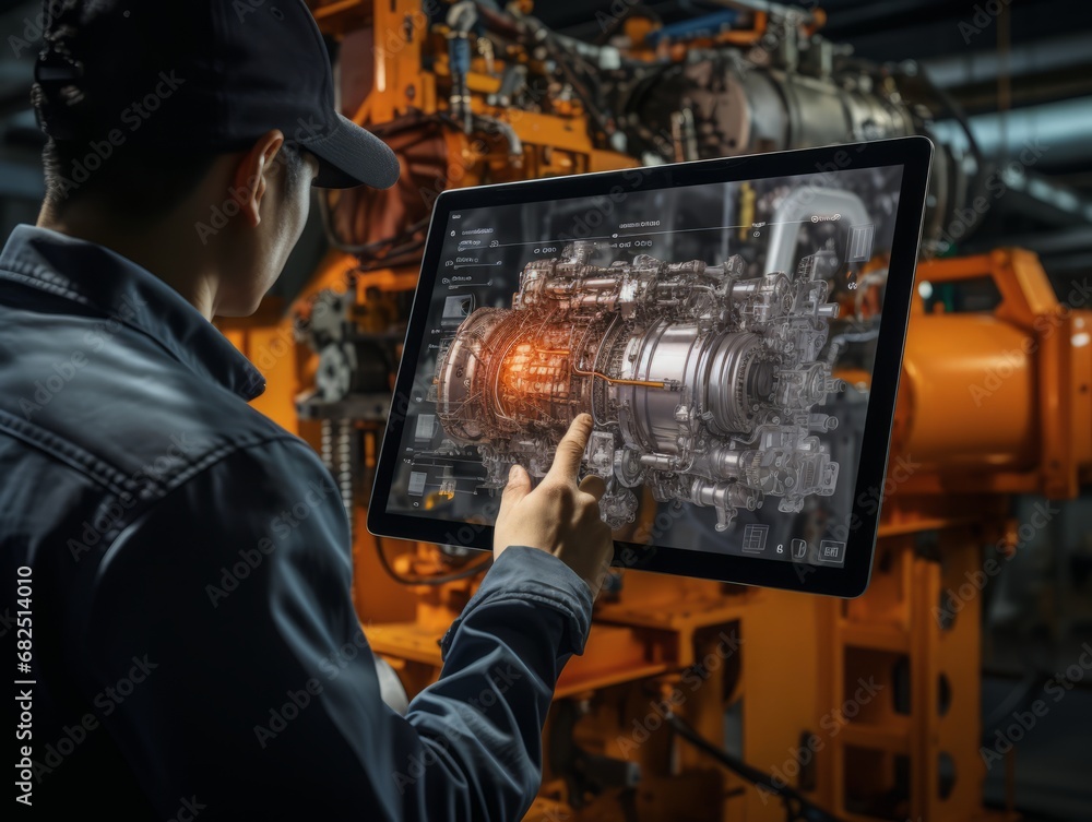 Poster male engineer holding a computer tablet design an engine in an augmented reality app
