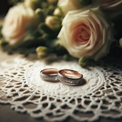 Rose gold wedding rings with roses on lace tablecloth generative ai