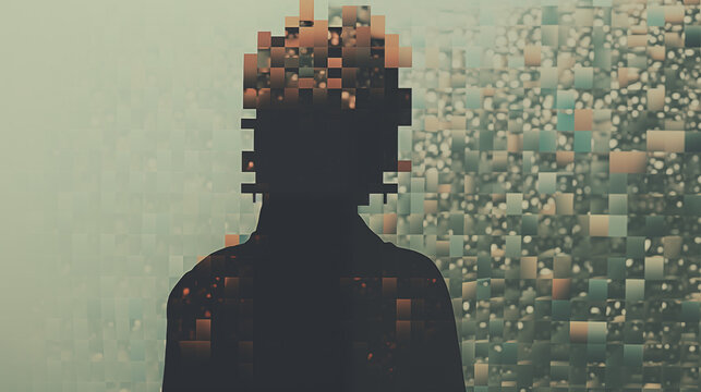 Silhouette of Man Dissolving into Digital Pixels