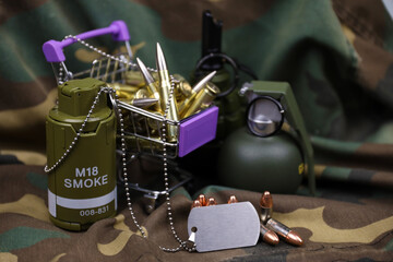 Rifle cartridges in small shopping cart. Big caliber ammo cartridges and hand grenades with a small shopping basket close up