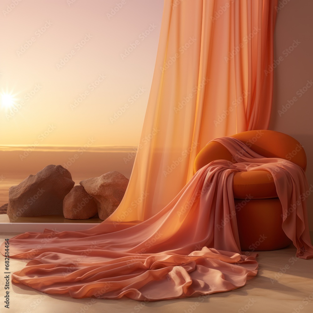 Poster a chair with a blanket on it in front of a window with a view of the ocean and a rock in the foregro