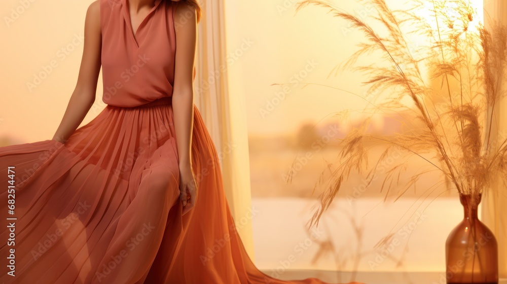 Poster a woman in a long dress standing next to a vase with a plant in it in front of a window with a view 