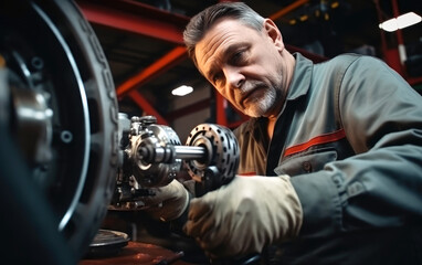 A 50yo an auto mechanic is checking the suspension of the car - obrazy, fototapety, plakaty