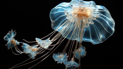  a close up of a jellyfish on a black background with a black background and a light blue jellyfish in the middle of the frame and bottom half of the jellyfish.