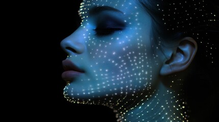  a close up of a woman's face with a lot of stars on her face and on her face there is a black background with a woman's face.