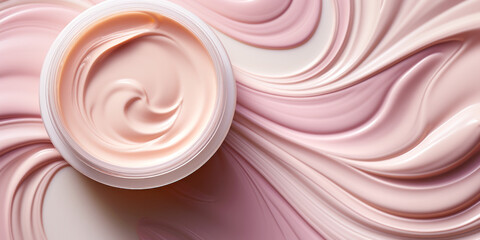 the texture of a pink cosmetic cream for face or body in an open plastic jar, top view