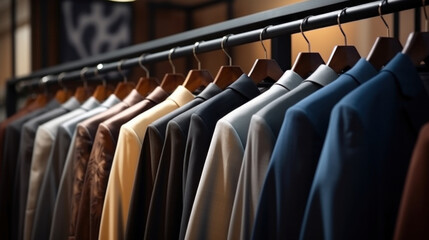 Assorted elegant jackets on hangers in a fashion store, showcasing a variety of styles and colors.