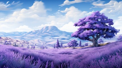  a painting of a lavender field with a tree in the foreground and a mountain range in the background, with clouds in the sky, and in the foreground.