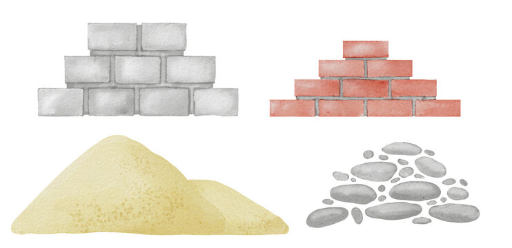 Brick and Sand Set. Watercolor illustration of building material. Hand drawn clip art on isolated background. Sketch of crushed stone for construction. Brickwork and cinder block drawing.