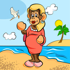 Obraz na płótnie Canvas Mama monkey character wearing pregnancy robe waving smiling on the beach, sun, palm trees and clouds_vector illustration