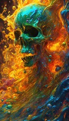 skull, ghost, bogey, abstract, paint, painting, liquid, splash, digital, wallpaper, background, cover, decoration, wall, art, pop, gamer, terror, horror, halloween, colorful, portrait, fantasy