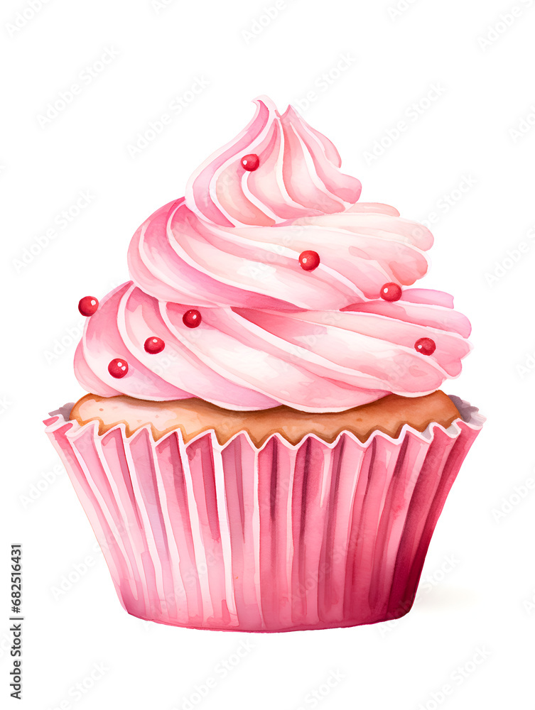 Wall mural Watercolor illustration of a cupcake with pink frosting on top, isolated on white background 