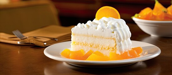 In the quaint bakery, a gourmet dessert enticed customers with its luscious white cake layered in orange jam, topped with yellow fruit slices, and drizzled in sweet vanilla icing. Those who indulged