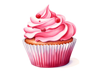 Watercolor illustration of a cupcake with pink frosting on top, isolated on white background 