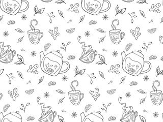 Seamless pattern with herbal tea. Line drawn sketch of cup, teapot, leaves, lemon, ginger. Healthy natural hot seasonal drink. Cozy doodle beverage background
